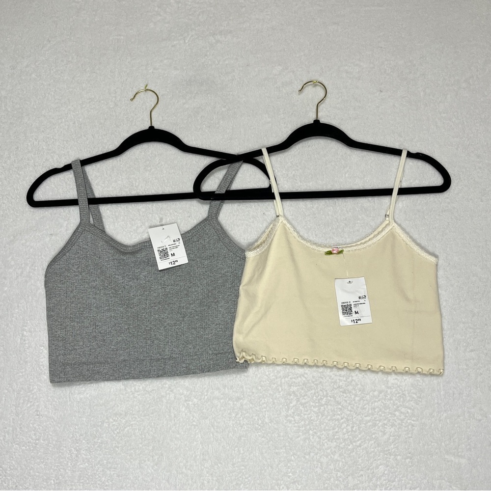 FOREVER 21 2pc Bundle Medium Gray Ribbed Cami + Vanilla Lace Trim Bralette NWT